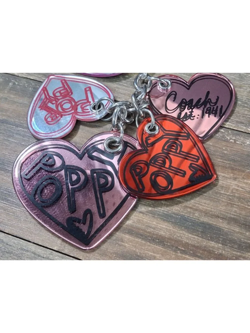 Coach Poppy Keychain Bag Tag Charm Heart Pink Red Outline Logo Mirrored - Picture 5 of 13